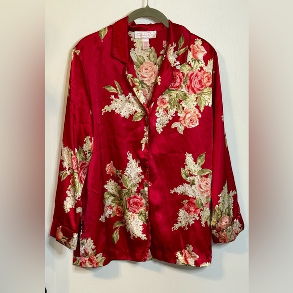 Oscar de la Renta Tops - Oscar de la Renta Red Floral Long Sleeve Satin Button Up Blouse Top- Size Small